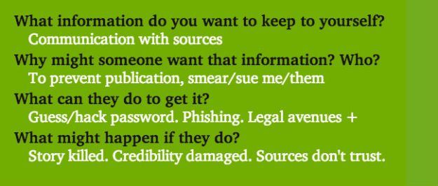What info do you want to keep? Communication with sources. Why might someone want it? To prevent publicaiton, smear. What can they do? Guess/hack password, phishing, legal avenues. What might happen? Story killed, credibility, trust.