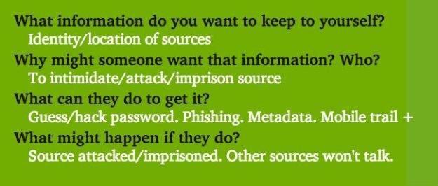 What info do you want to keep? Identity/location of sources. Why might someone want it? To intimidate, attack, smear. What can they do? Guess/hack password, phishing, metadata, mobile trail, more. What might happen? Source attacked, imprisoned, trust.