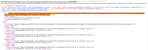 The XML searched for the URL, with one match highlighted