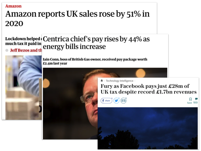Headlines of stories about scale: Amazon reports UK sales rose by 51%; Centrica chief's pay rises by 44%